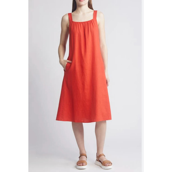 $238  EILEEN FISHER Organic Linen Midi Cami Dress Sundress | Sz L, Flame Red - Picture 3 of 14